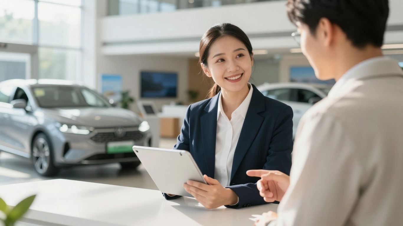 Dealership professional assists customer with a tablet.