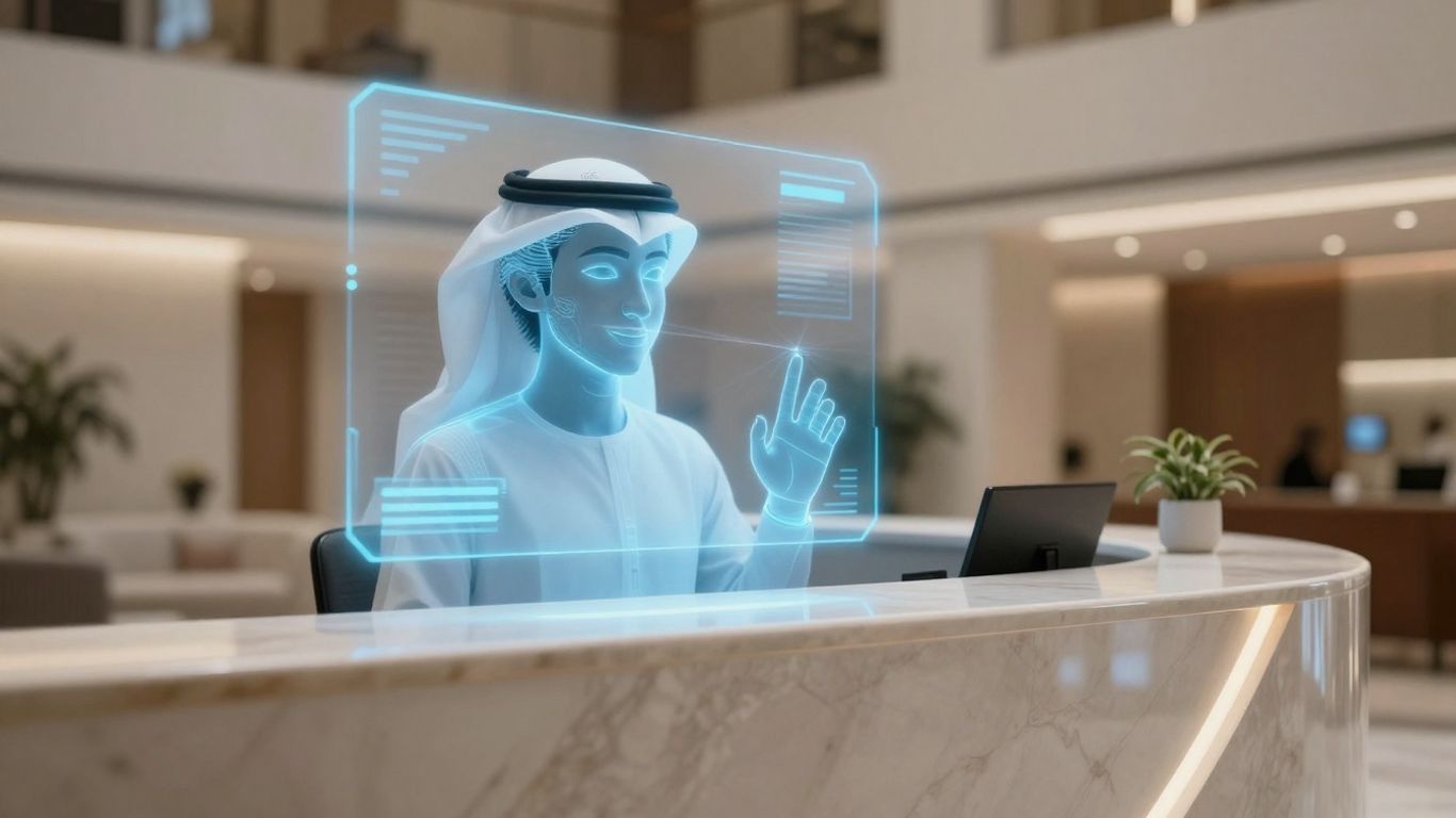 AI receptionist interface in a modern property management lobby.