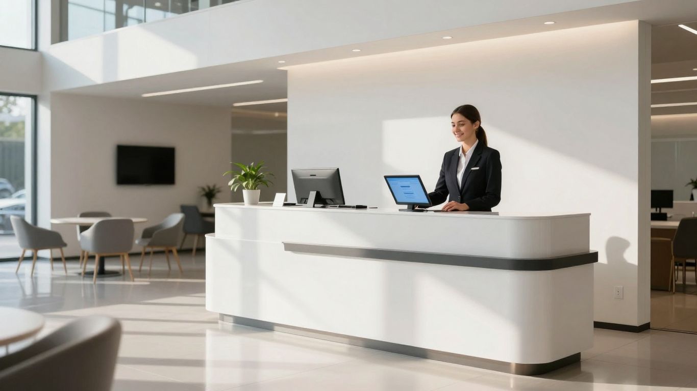Automated dealership front desk with a receptionist.