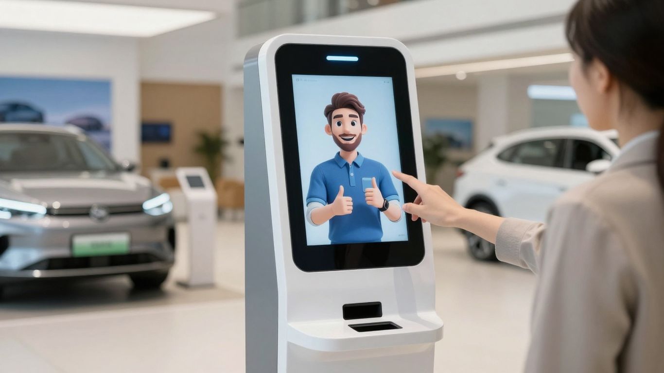 Automated dealership kiosk with digital avatar assisting customer.