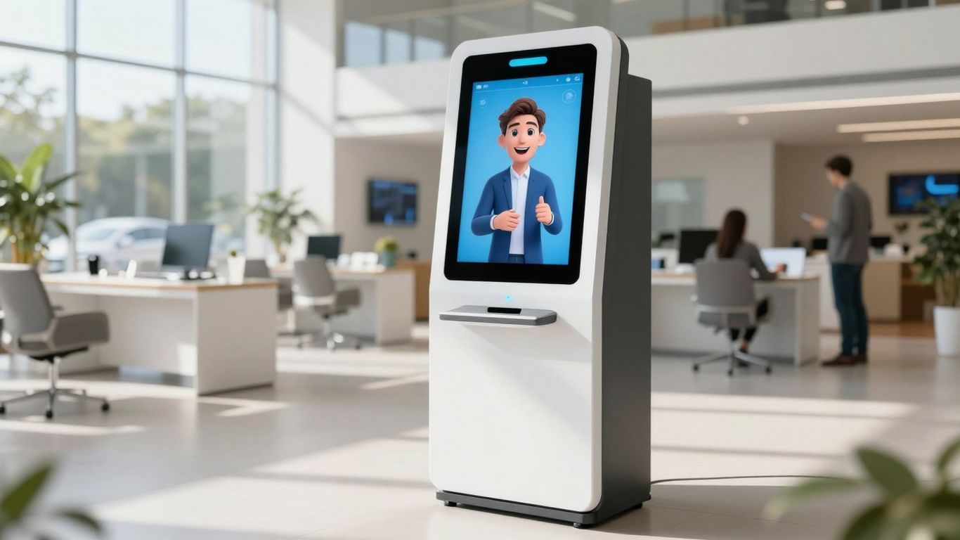 Automated dealership front desk kiosk with digital avatar.