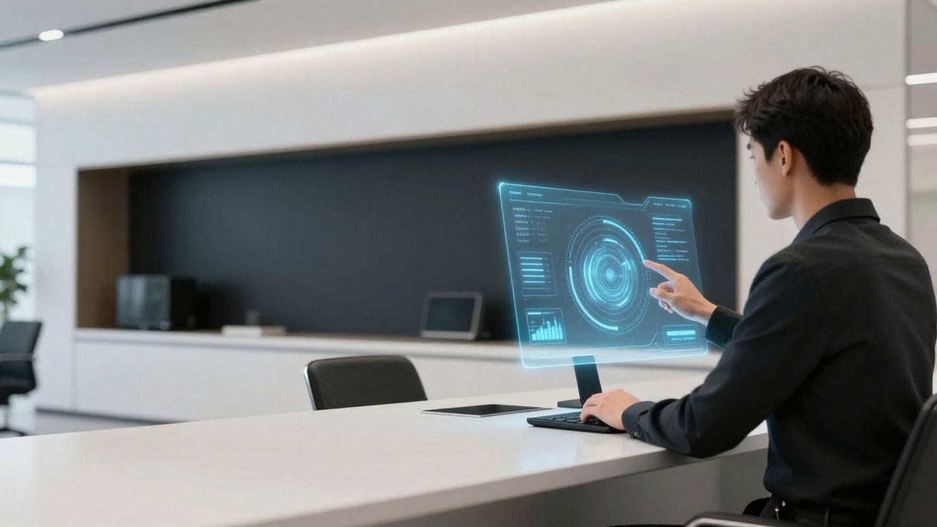 Automated dealership front desk with holographic data display.