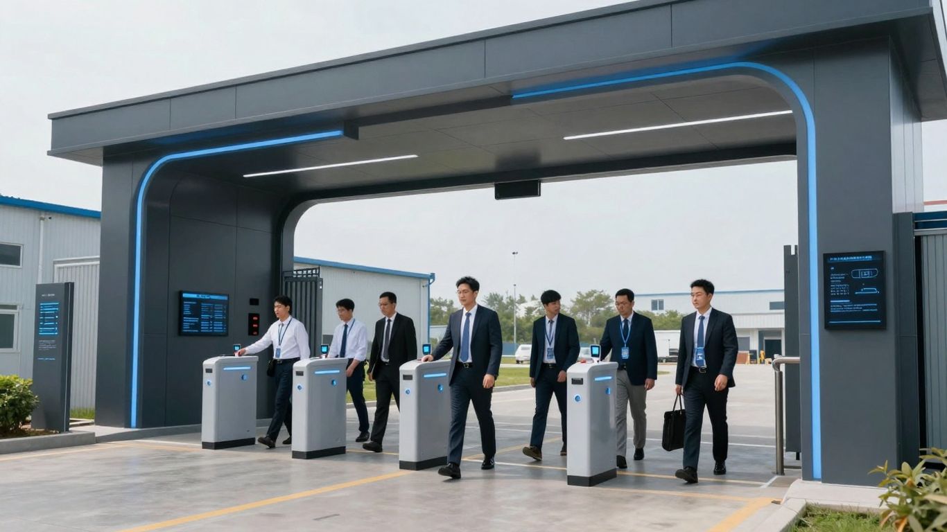 AI visitor management at a futuristic industrial site.