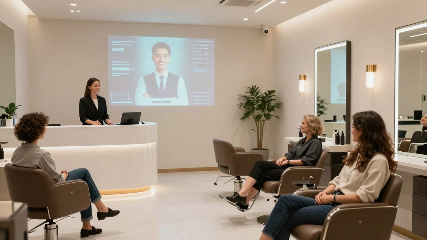 AI receptionist assisting clients in a modern salon.