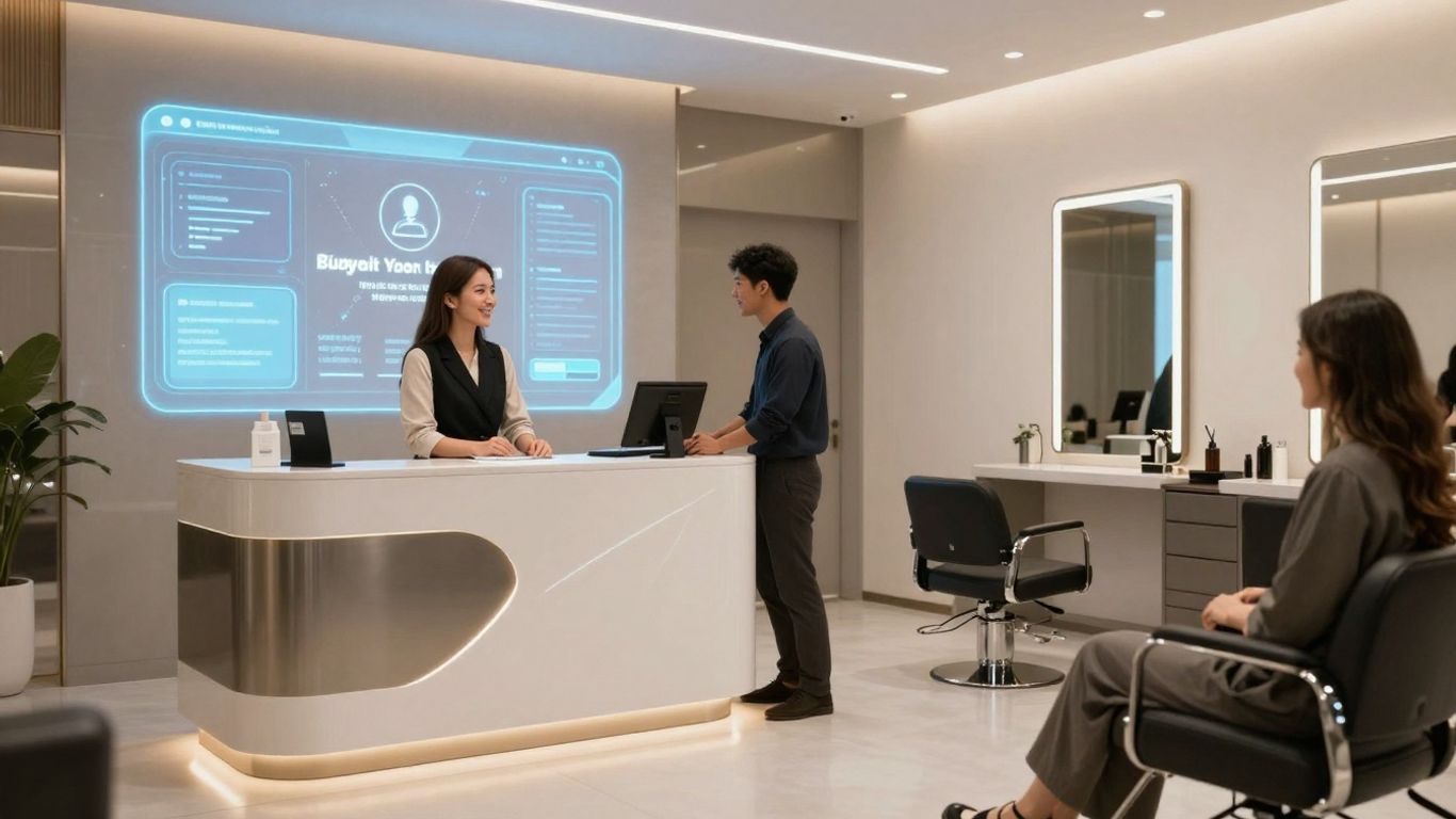AI receptionist assisting clients in a modern salon.