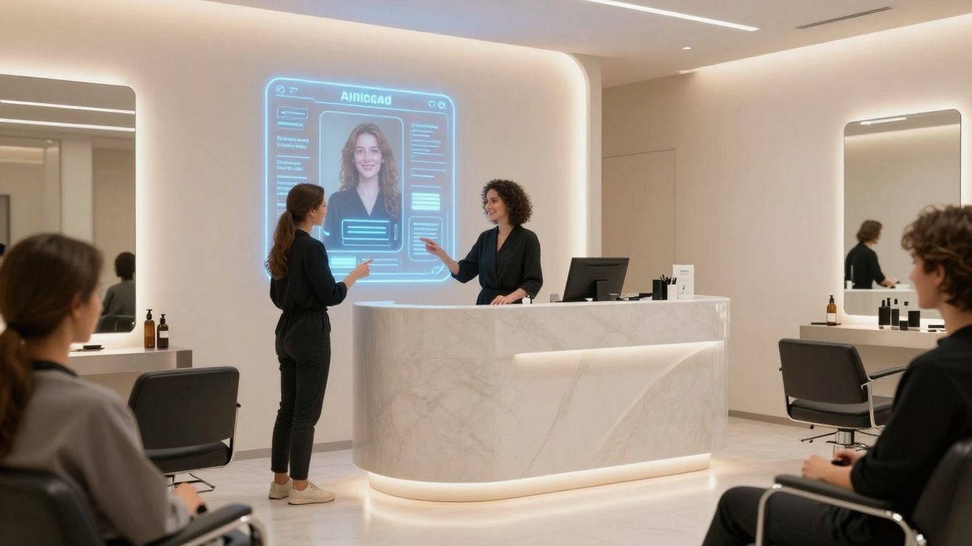 AI receptionist assisting clients in a modern salon.