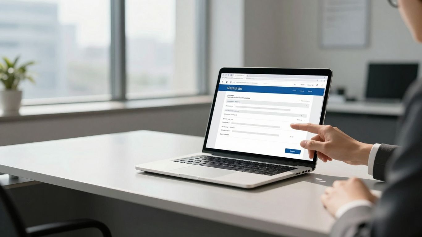 Lawyer using automated client intake software on a laptop.