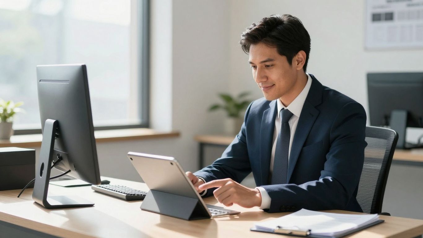 Lawyer using a tablet for client intake.
