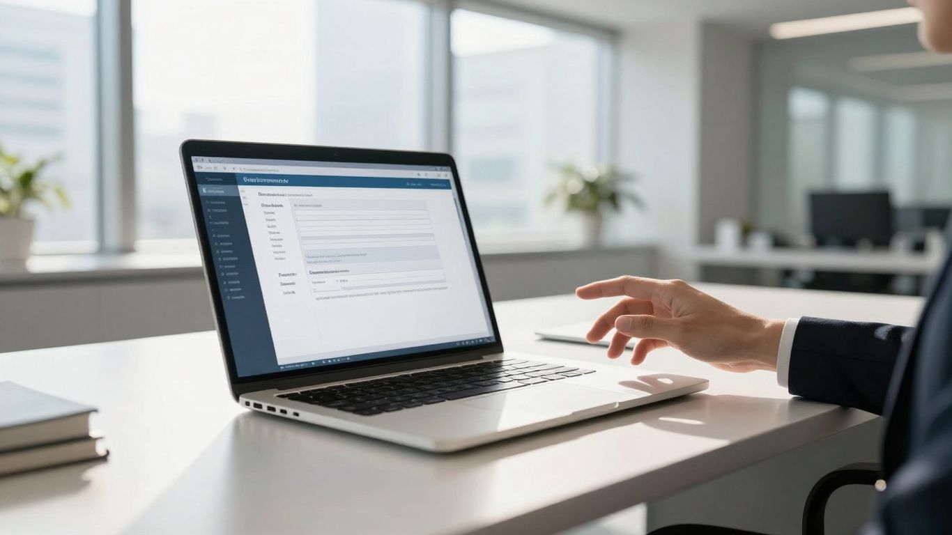Lawyer using automated client intake form on laptop.
