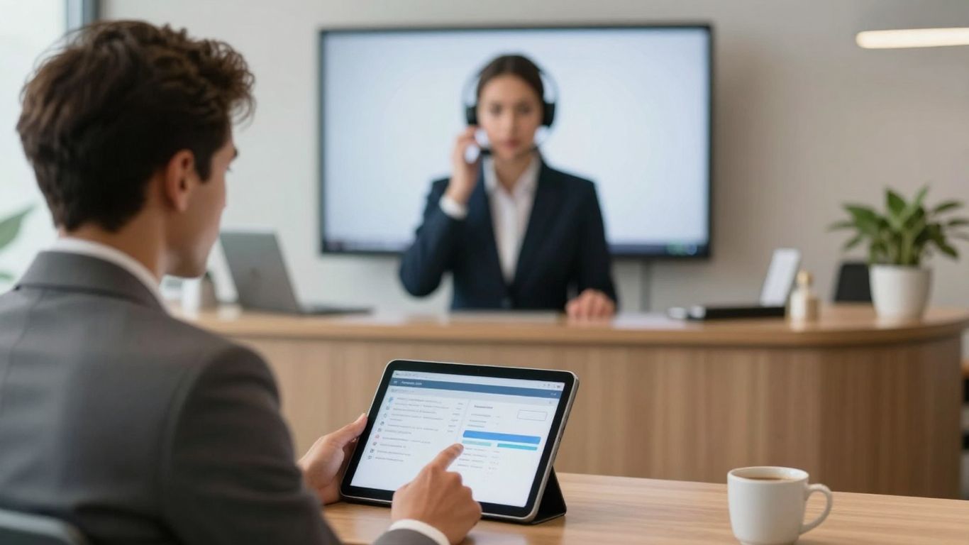 Lawyer using tablet, virtual receptionist on screen.