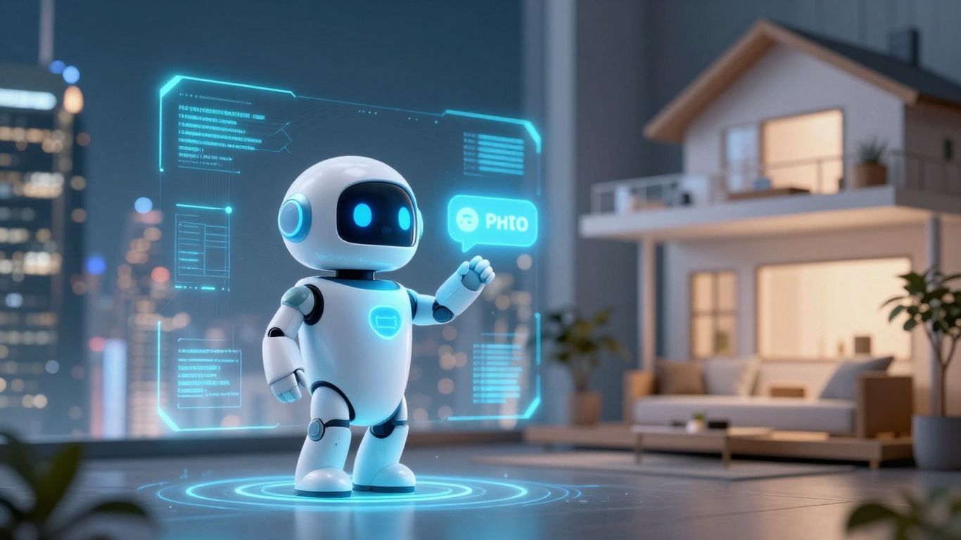 Chatbot interacting with a modern home in a futuristic setting.