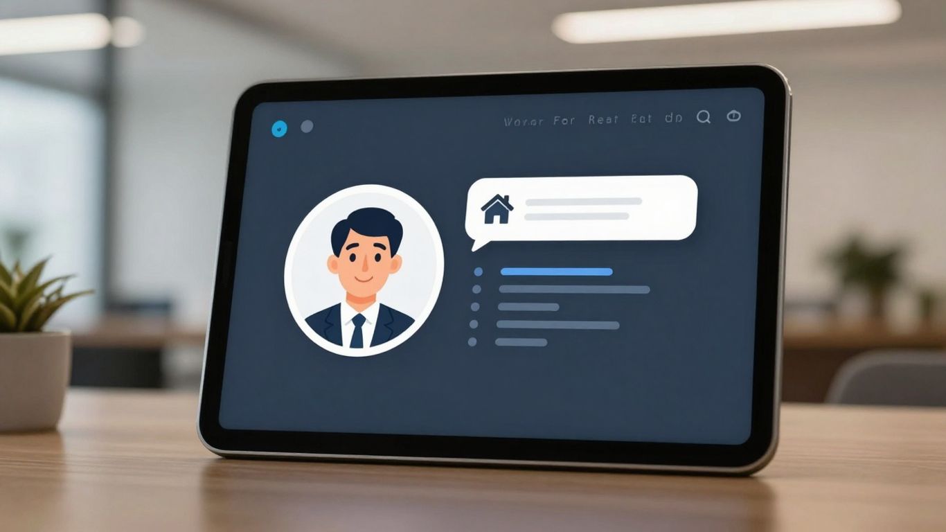 Chatbot interface on a tablet in a real estate setting.