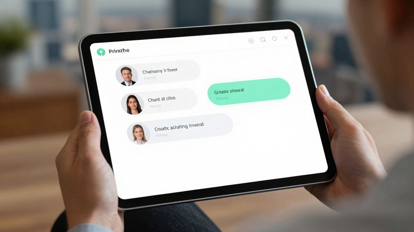Chatbot interface on a tablet in a real estate setting.