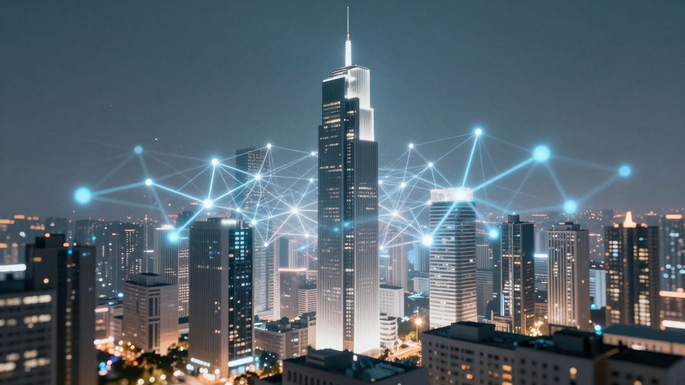 Futuristic cityscape with AI neural networks and skyscrapers.