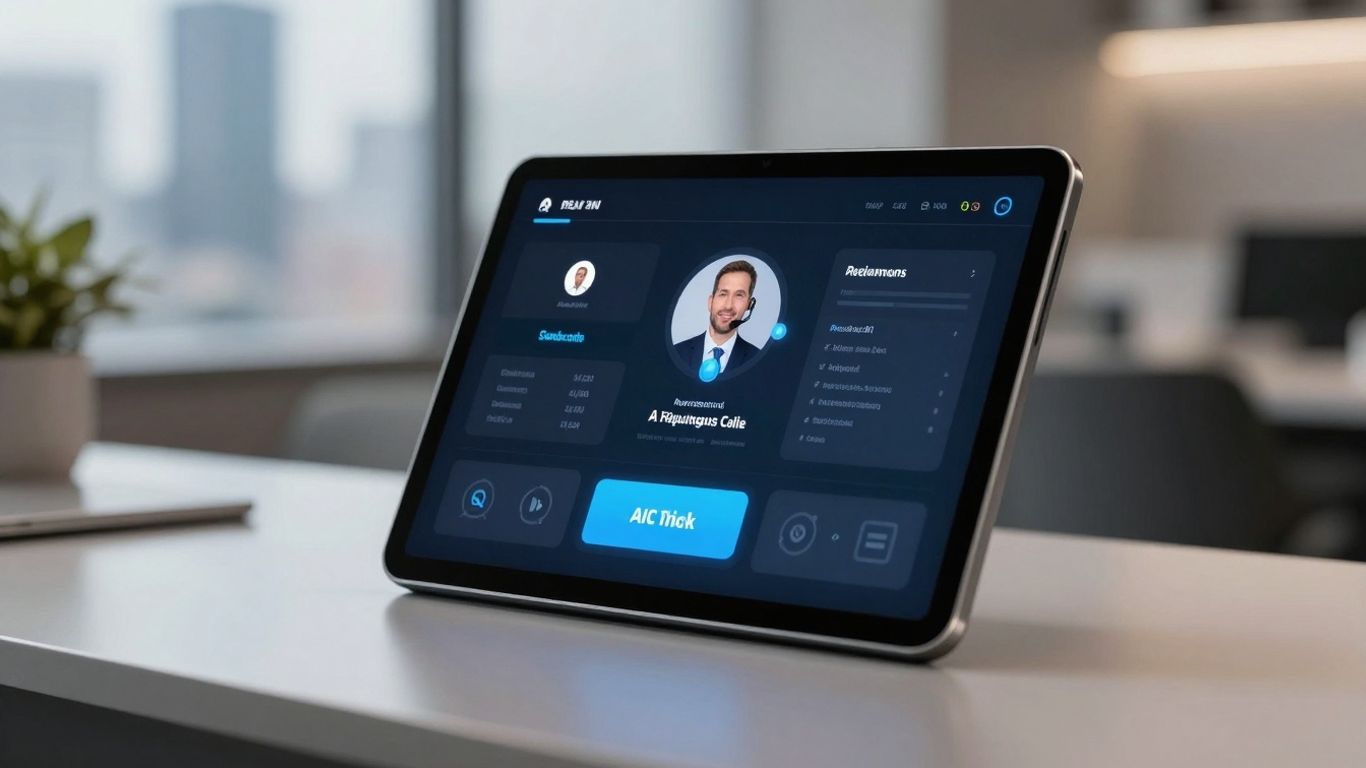 AI receptionist interface on a tablet in a real estate office.