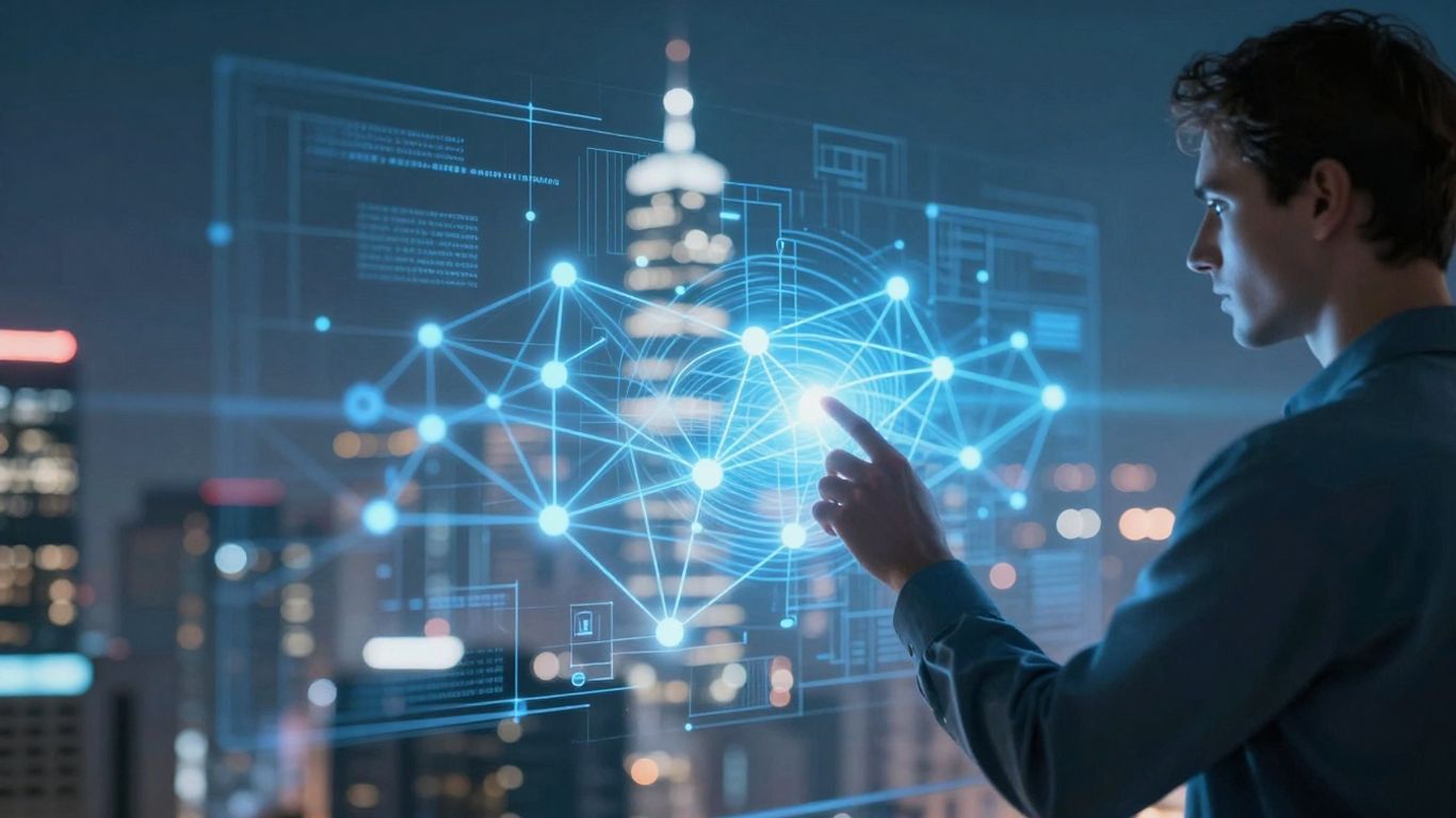 AI transforming real estate with futuristic city visuals.