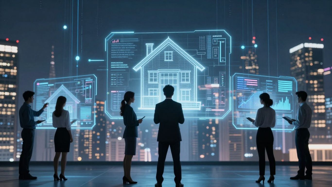 AI transforming real estate with digital interfaces and cityscapes.