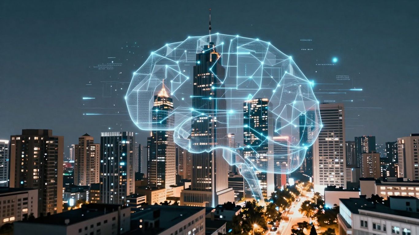 AI transforming real estate cityscape with digital overlays.