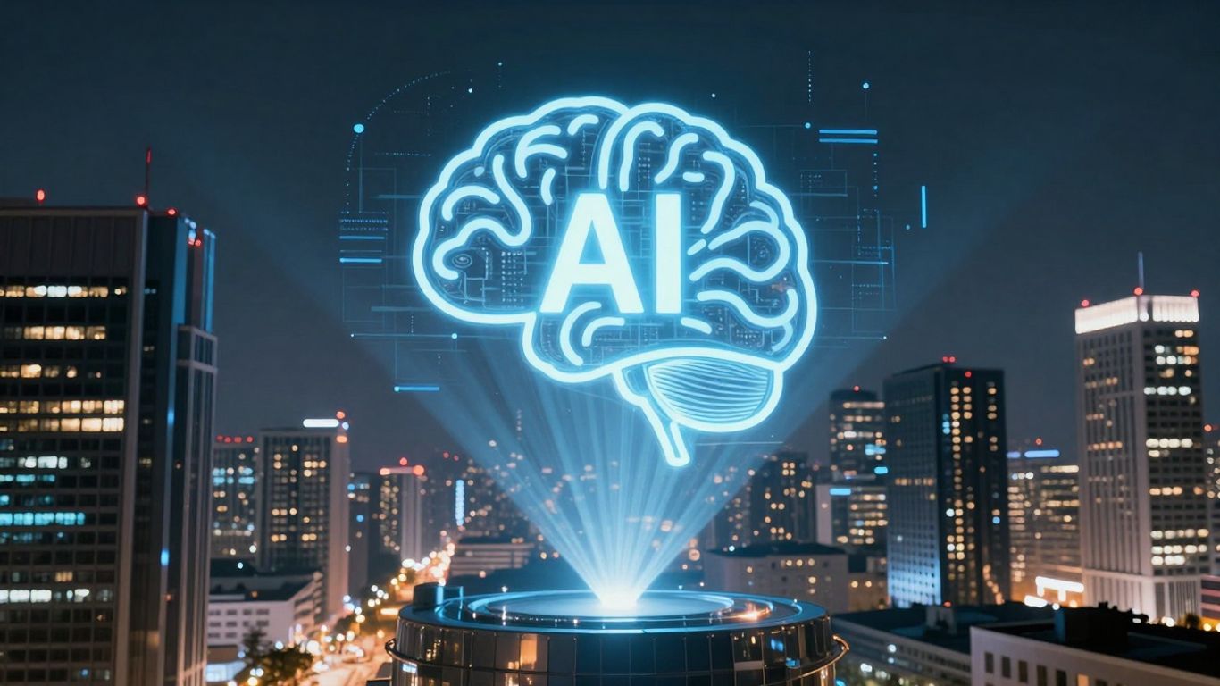 AI brain icon over futuristic cityscape