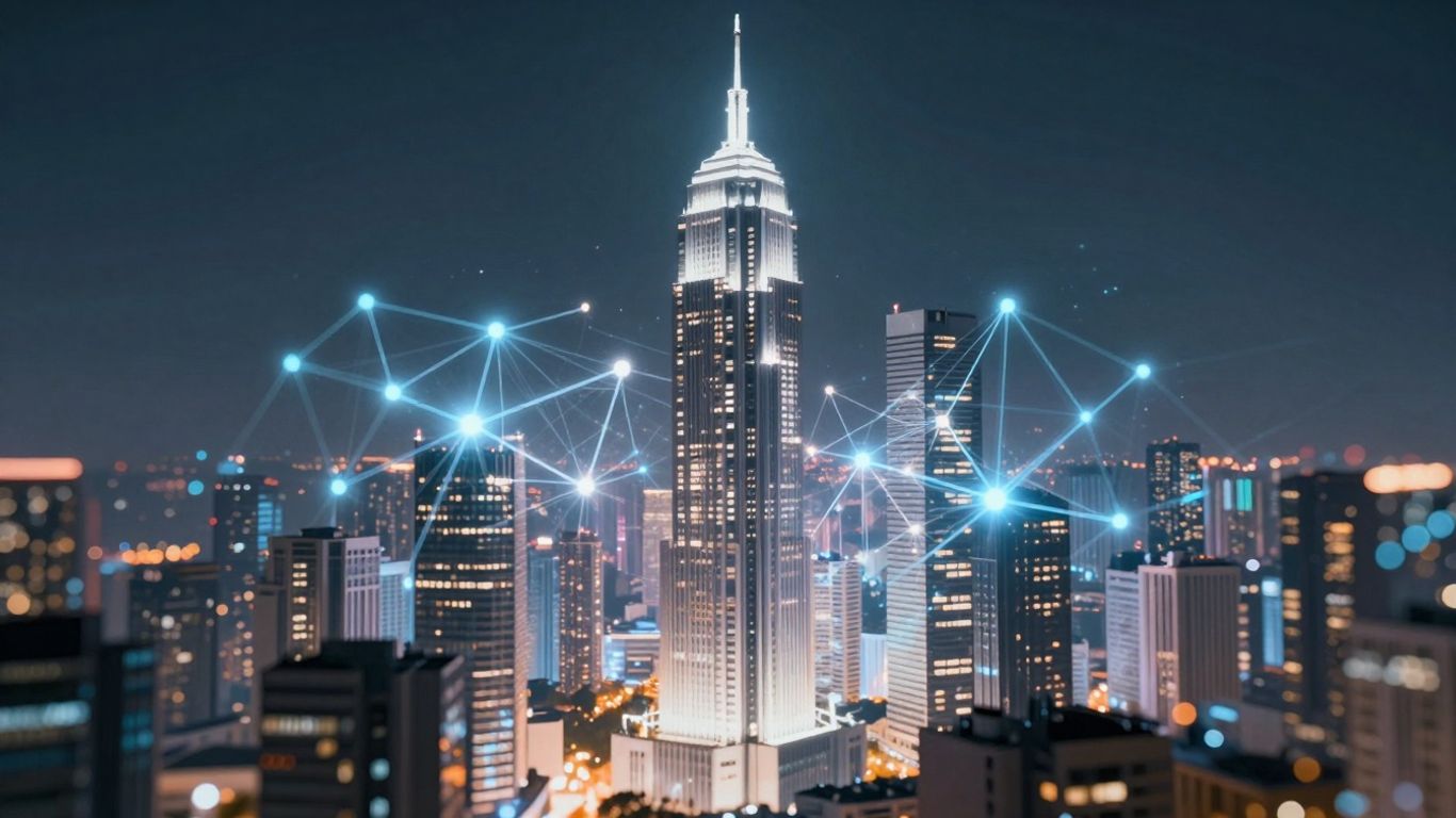 AI transforming real estate with futuristic city visuals.