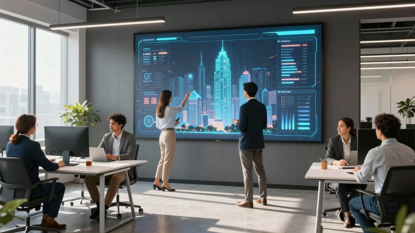 AI real estate software interface with futuristic city visuals.