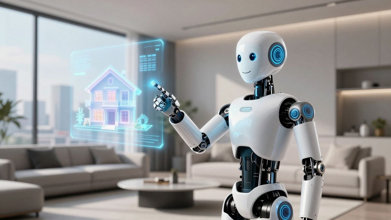 AI agent in modern home with holographic house display.