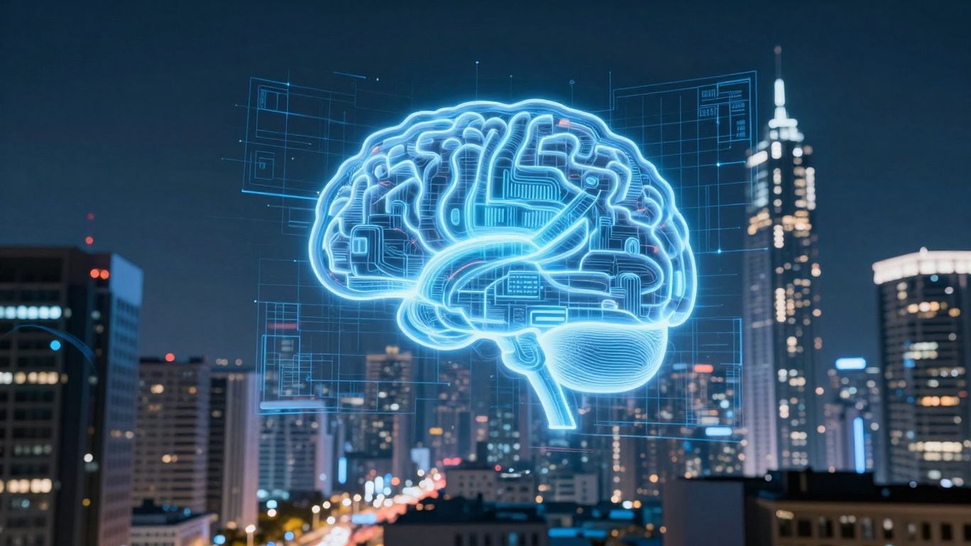 AI brain merging with real estate blueprint in futuristic city.