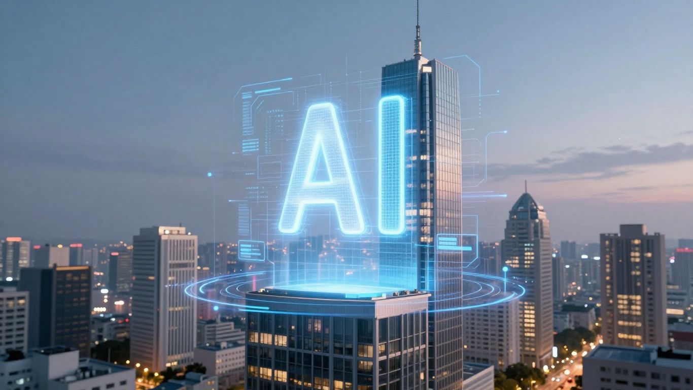 Futuristic cityscape with AI interface and modern building.
