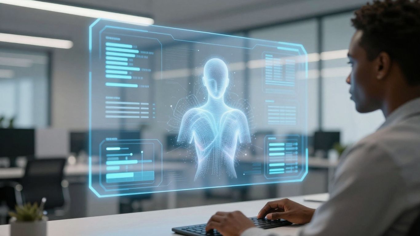 AI assistant interface in a modern office.