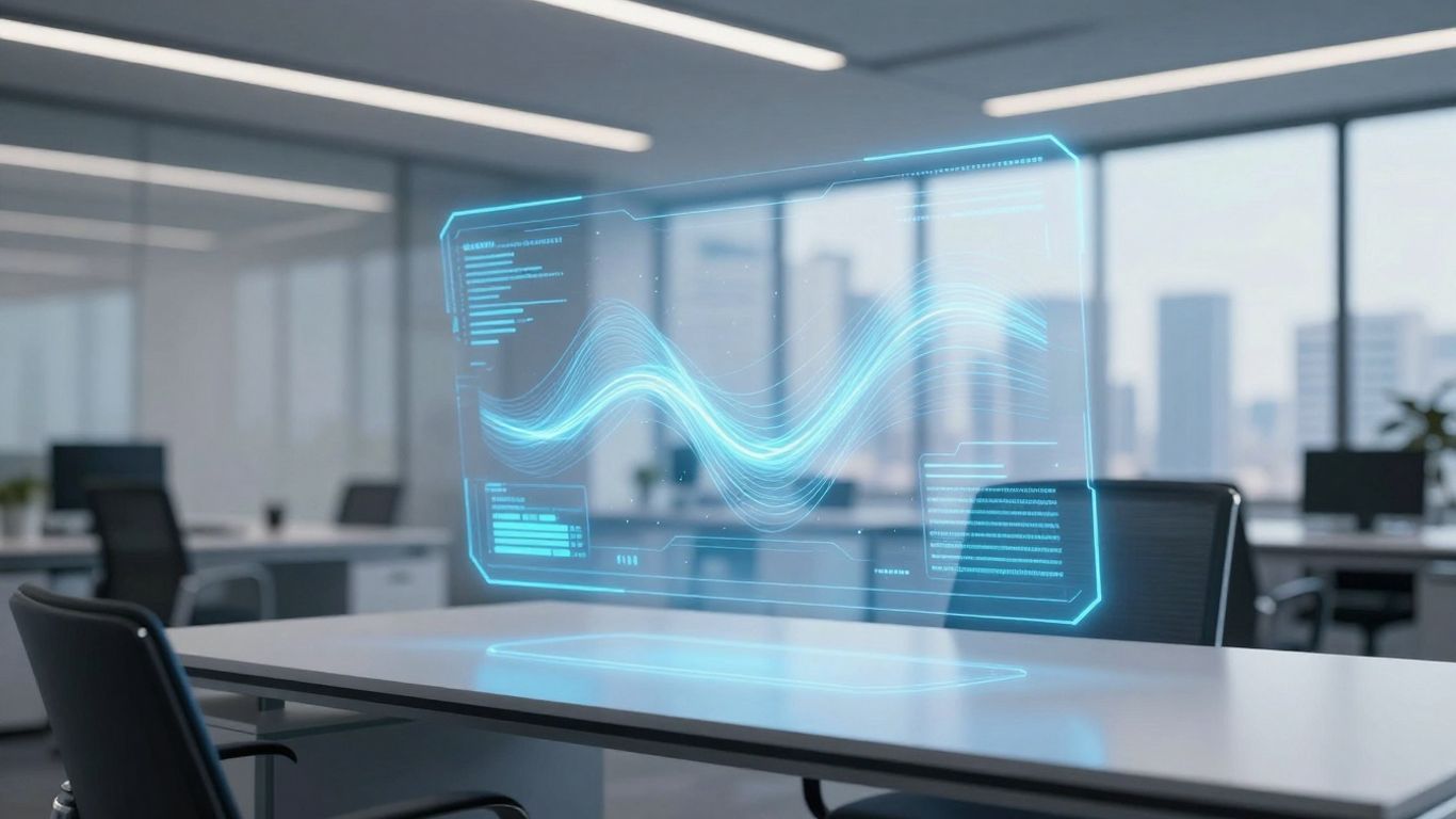 Holographic AI interface in a modern office.