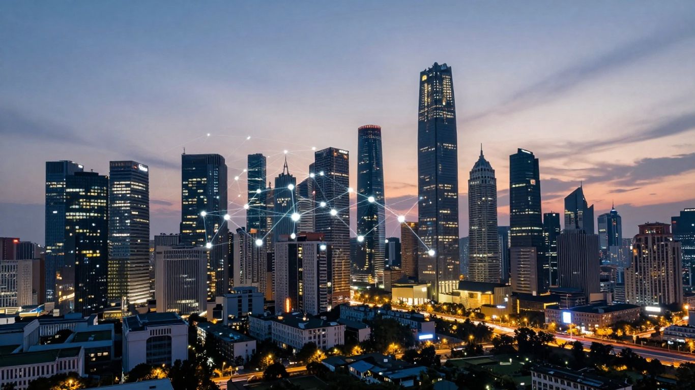 Cityscape with AI data connections for real estate.