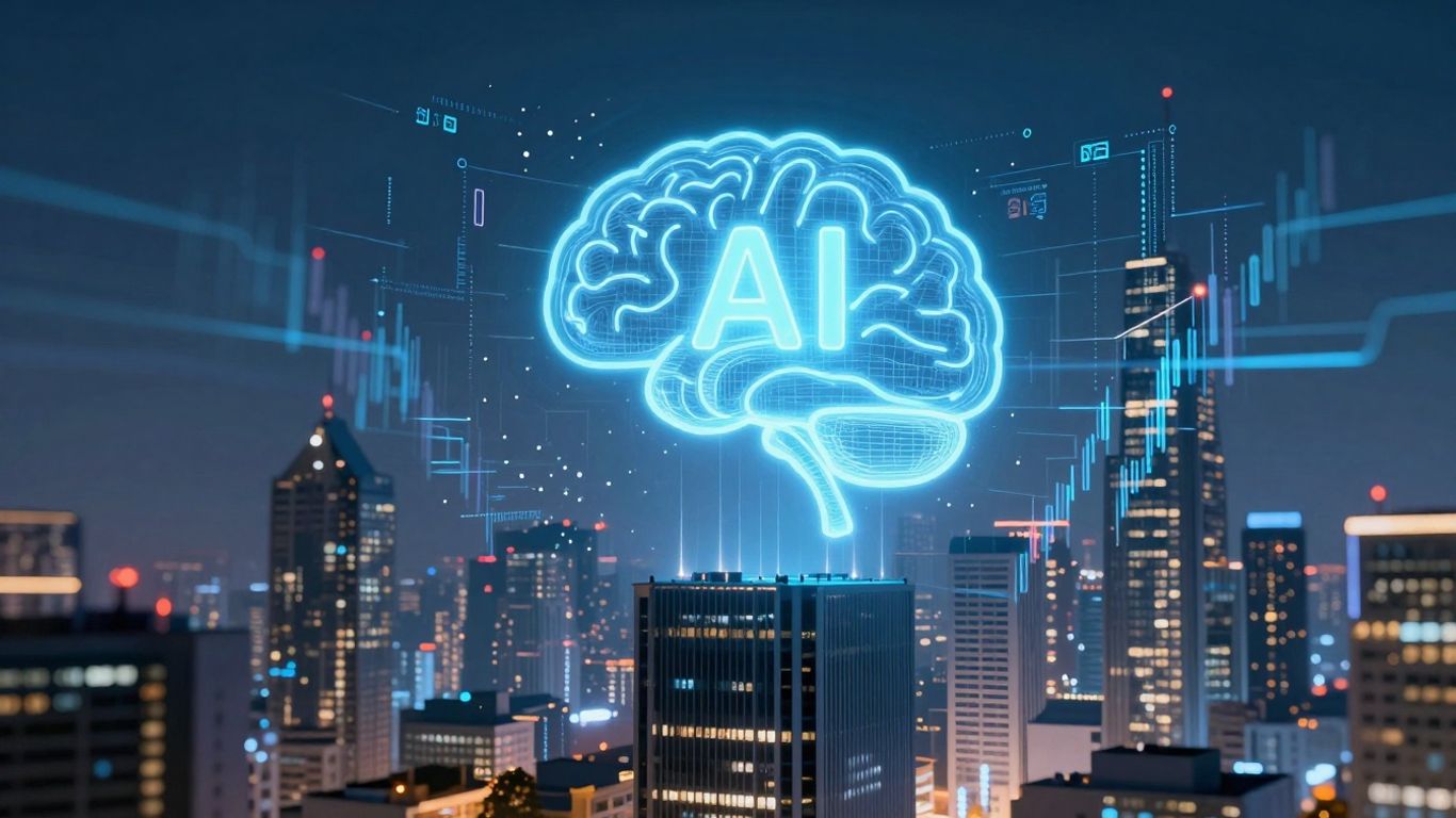 AI brain over futuristic cityscape with data streams.