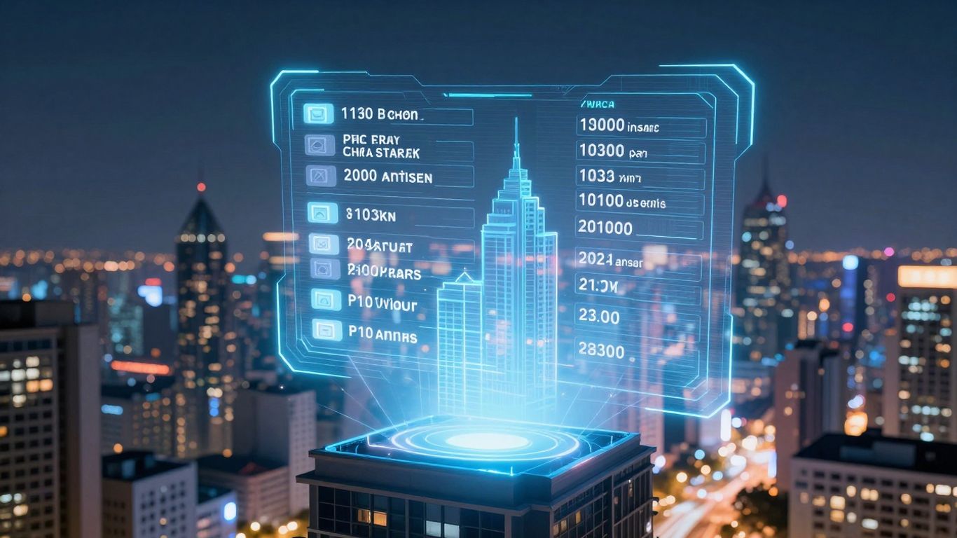 AI interface above futuristic cityscape with property listings.