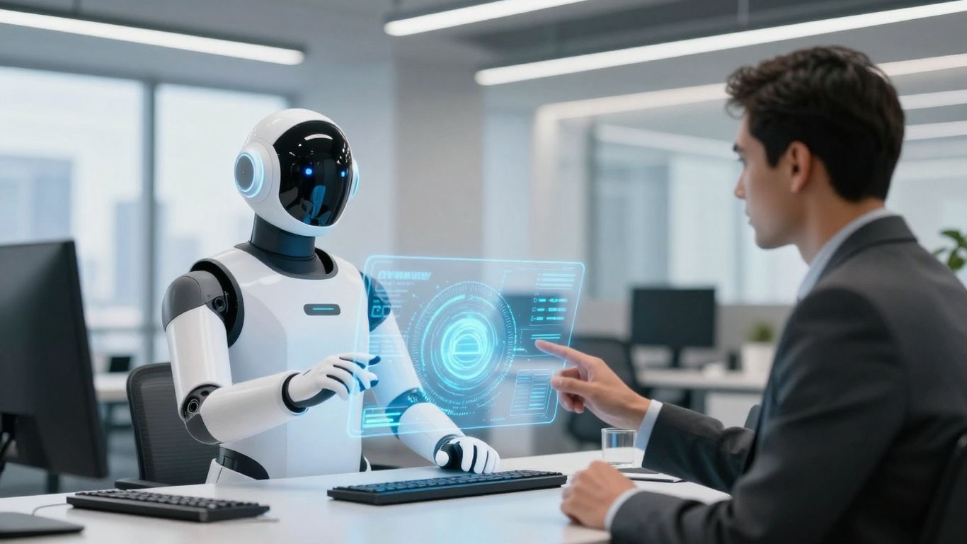 AI assistant and real estate agent in modern office.