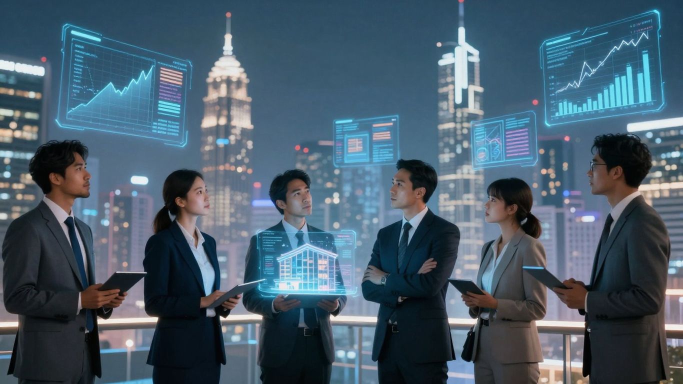 AI and real estate investors in a futuristic setting.