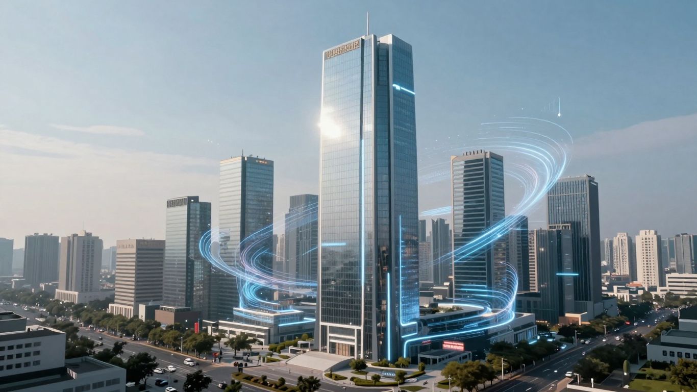 Futuristic cityscape with AI elements and modern architecture.