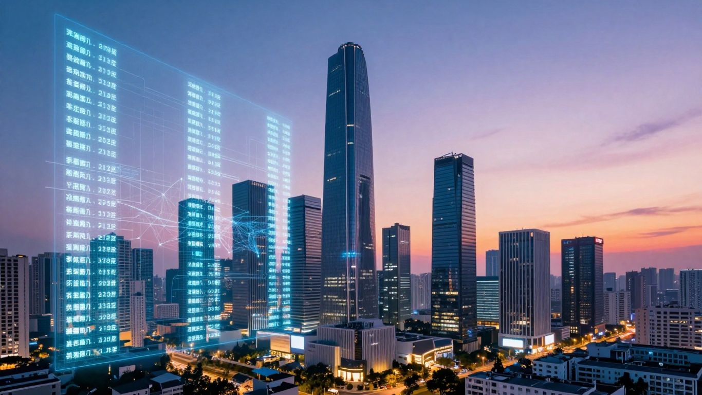 Futuristic cityscape with AI property data overlays.