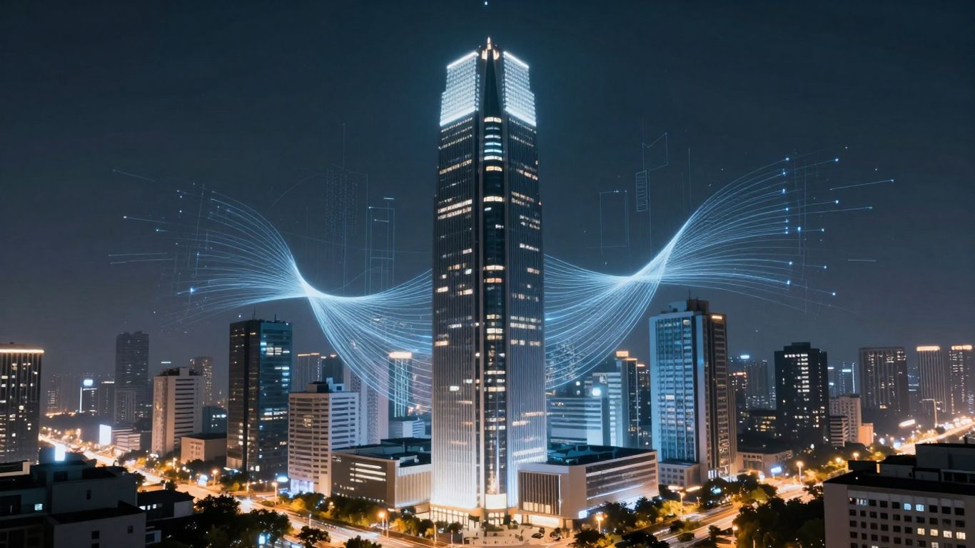 Futuristic cityscape with AI integration in real estate.