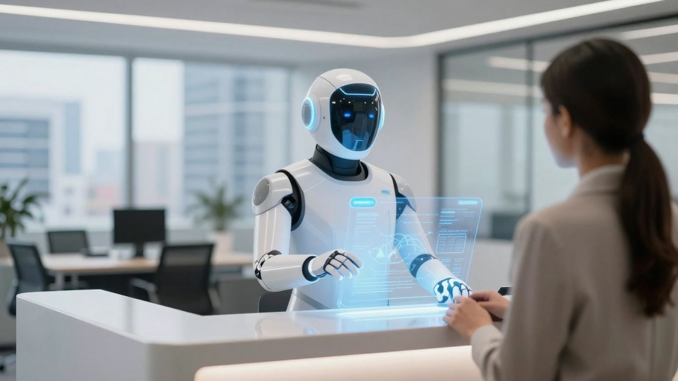 AI assistant at a modern real estate office reception.