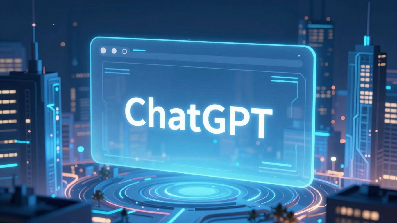 AI circuits in cityscape with ChatGPT interface.