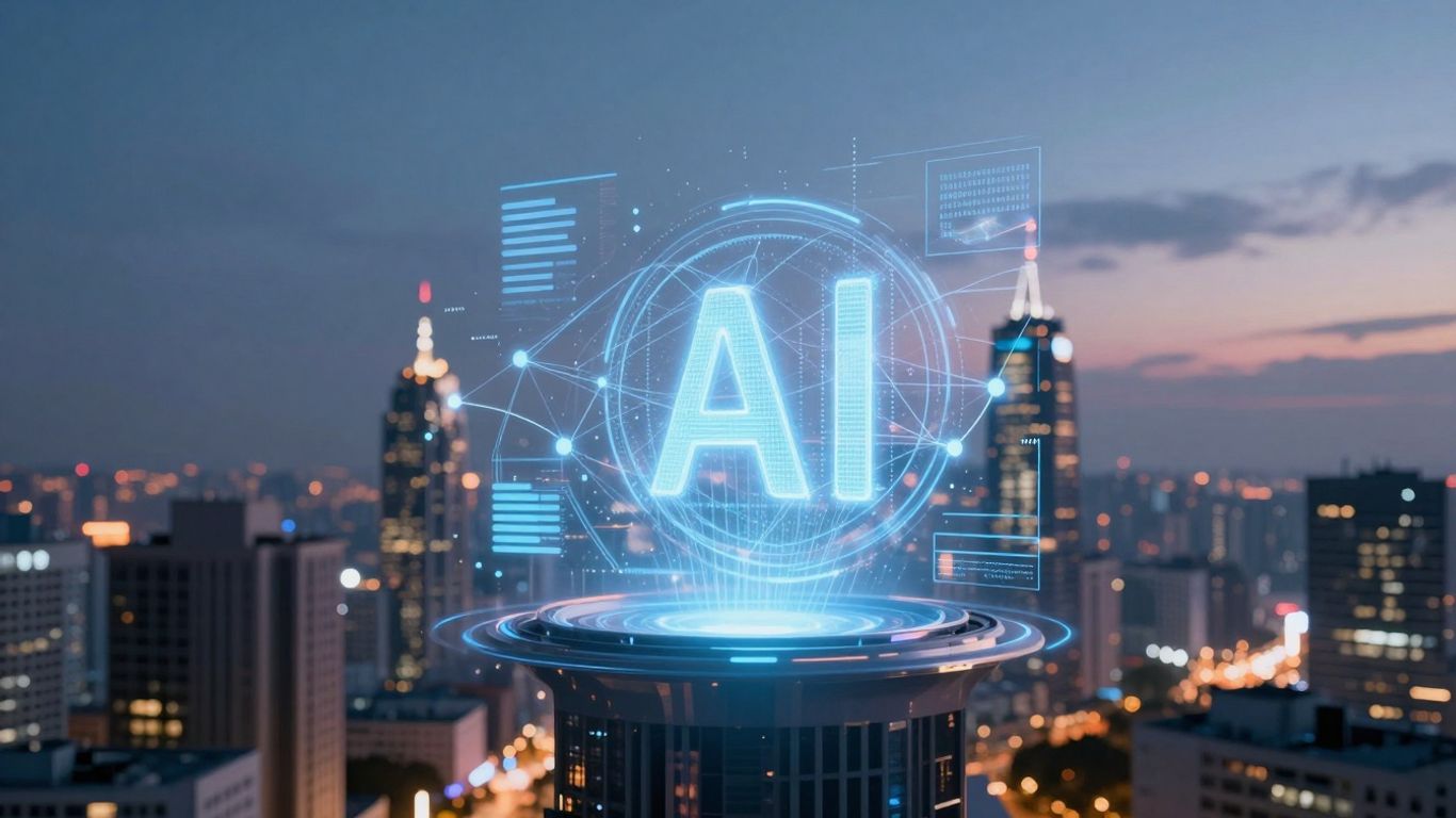 AI interface over futuristic cityscape