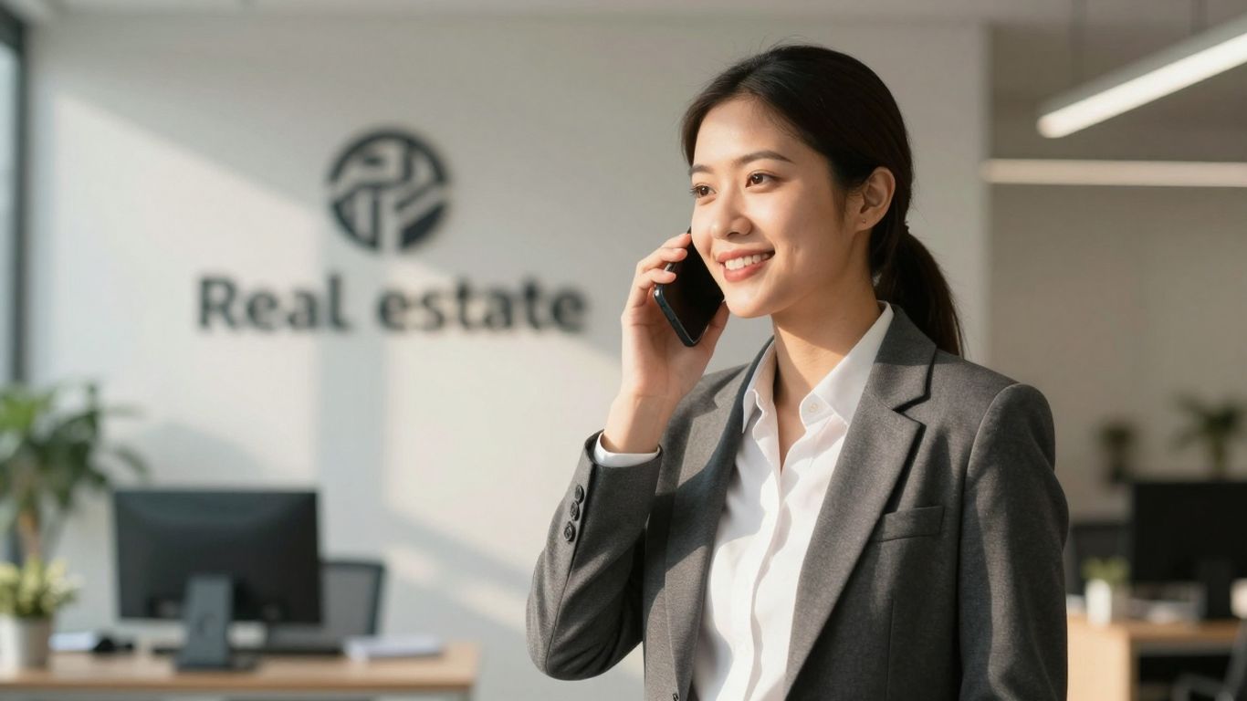 Real estate agent answering phone professionally in modern office.