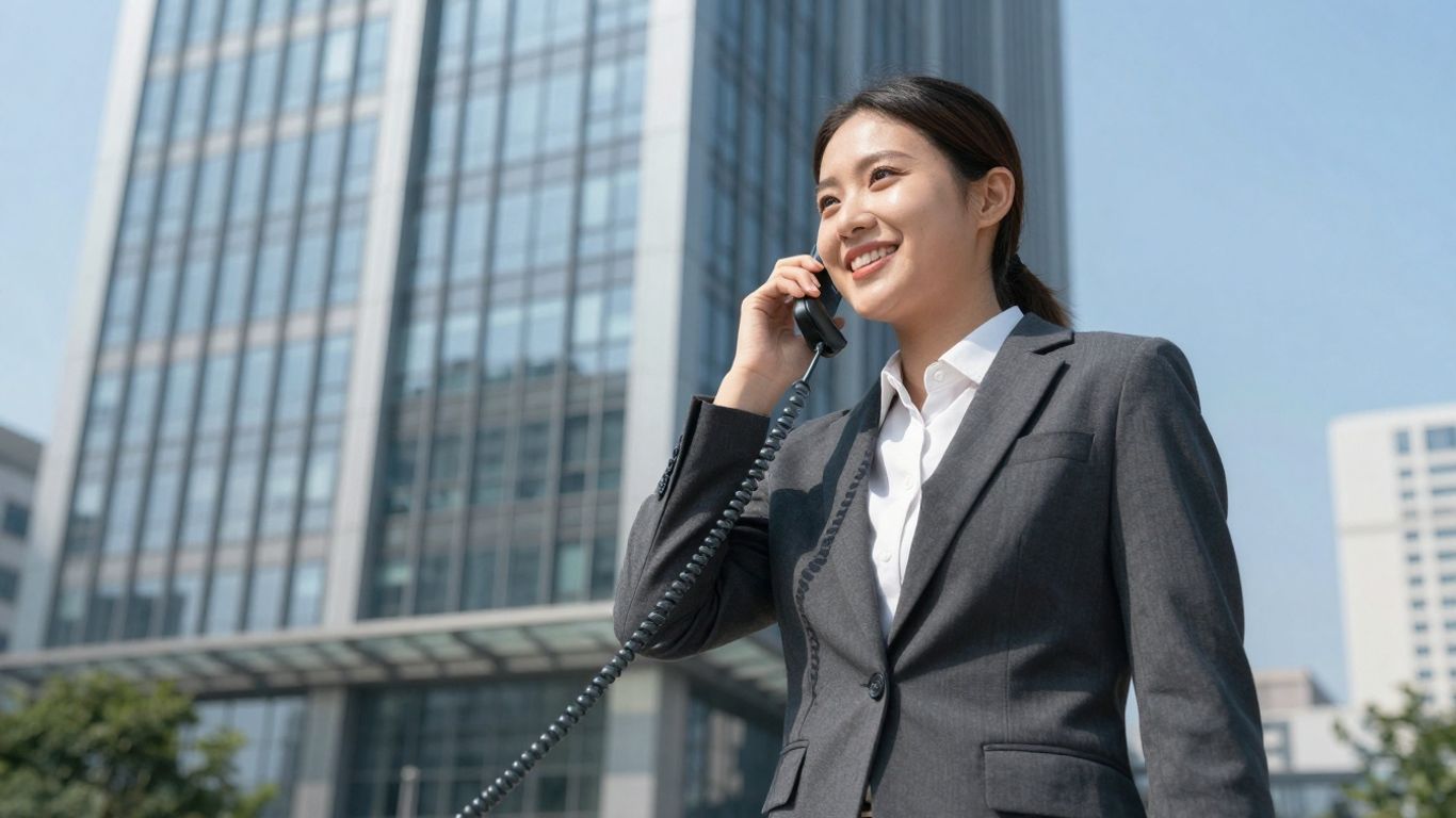 Real estate agent answering a phone professionally.