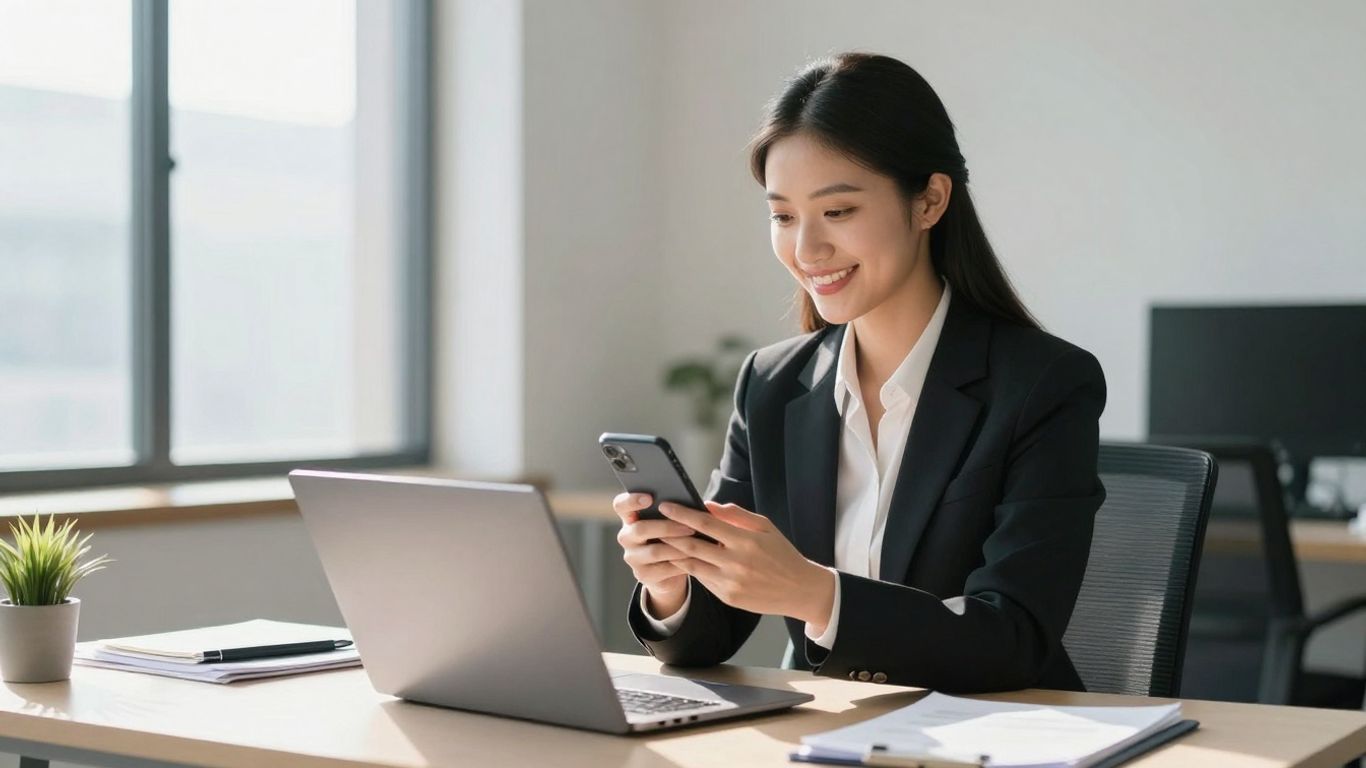 Real estate agent answering phone in office.