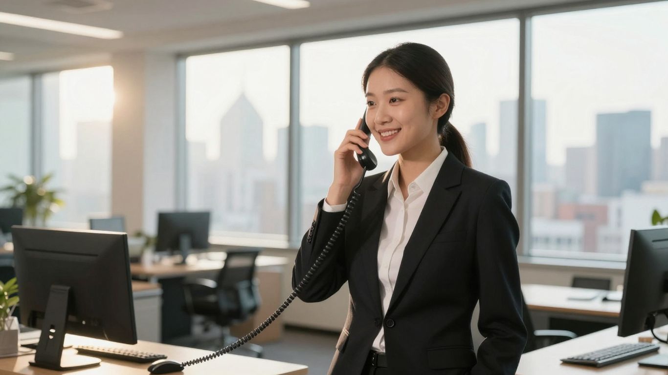 Real estate agent answering a phone in an office.