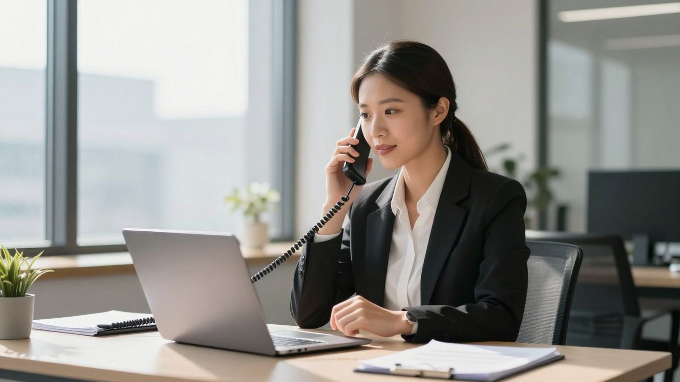 Real estate agent on phone, modern office, successful communication.