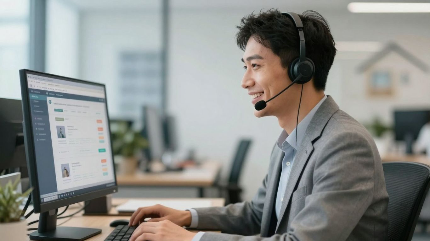 Professional answering service operator working on computer.