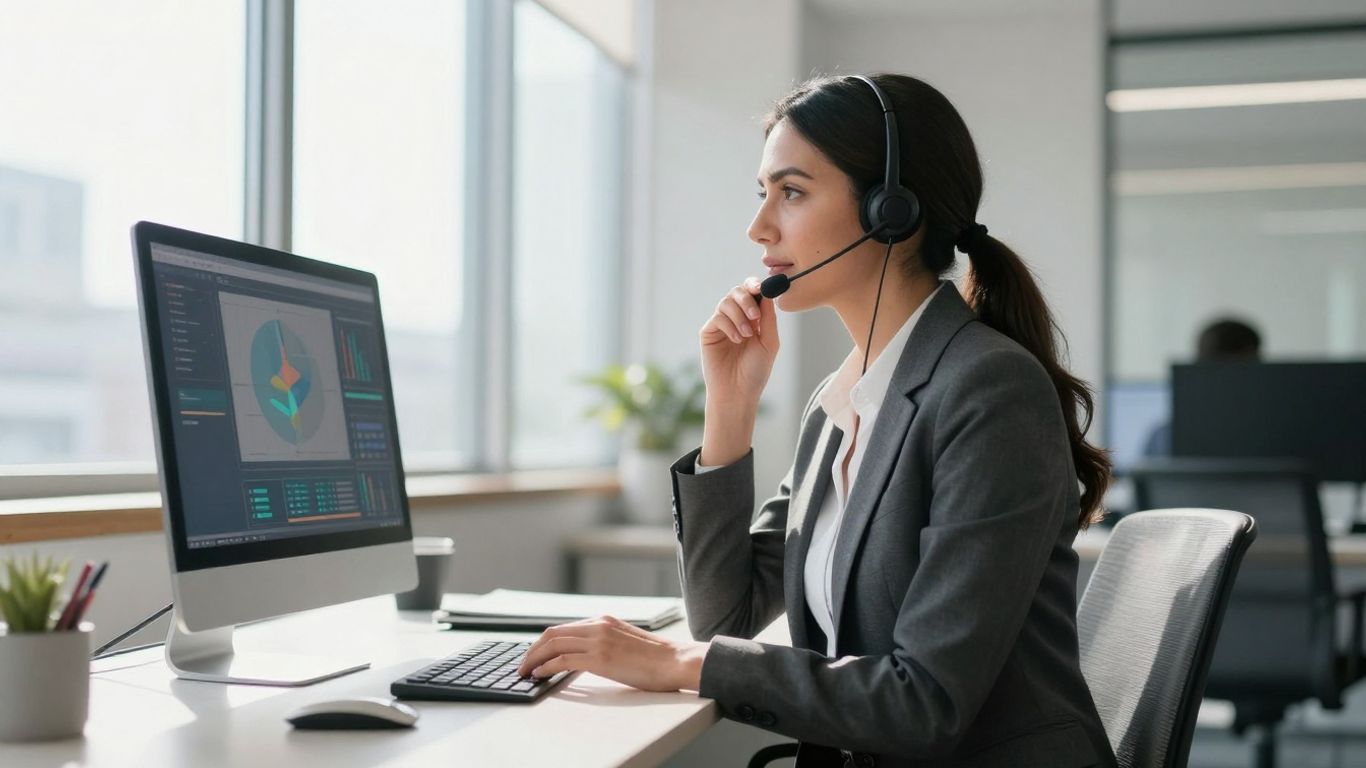 Professional woman on headset in modern office.