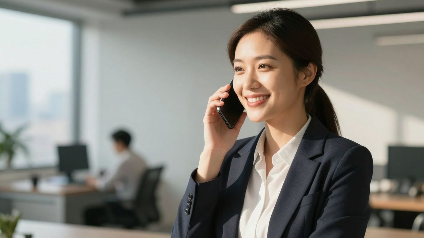 Real estate agent on phone, modern office background.