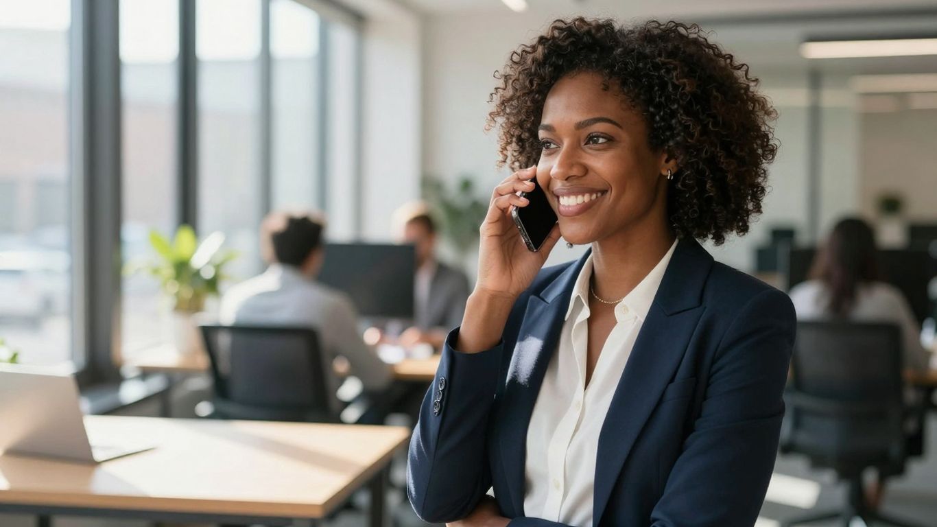 Businesswoman answering phone, smiling in office.